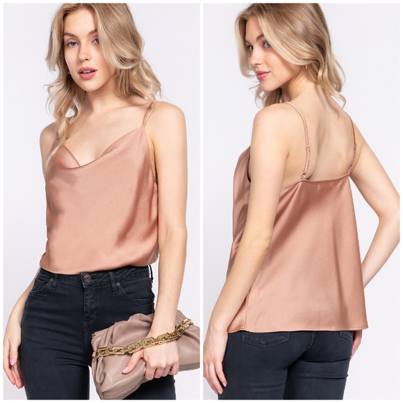 Sophisticated Tan Satin Cowl Neck Camisole Top - Picture 3 of 6